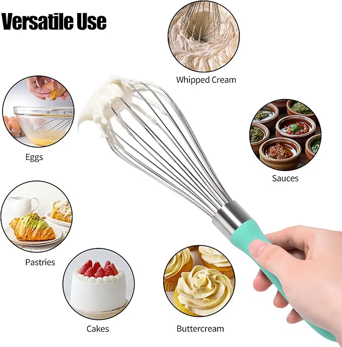 18/8 Stainless Steel Balloon Whisk, Doosu Kitchen Whisk for Cooking Handheld Egg Beater with Rust-Proof Sturdy Wires & Non-Slip Silicone Handle for Beating, Stirring, Blending (8 Wires, Aqua Sky)