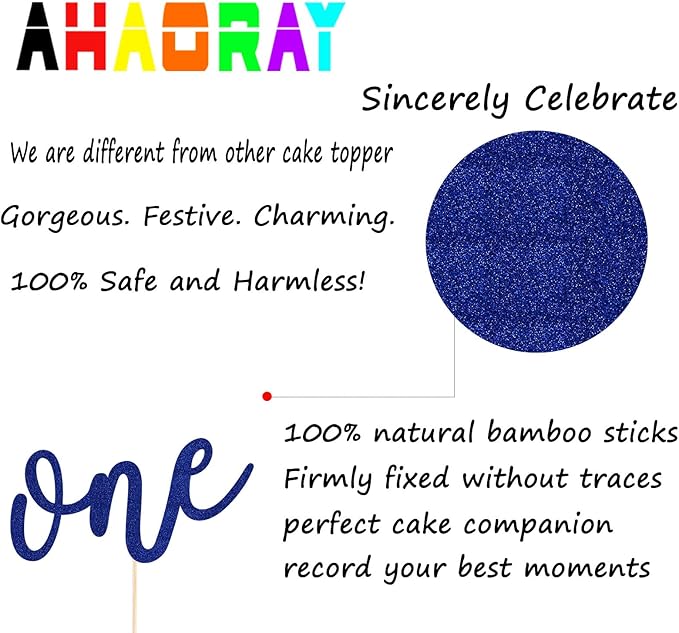 First Birthday Cake Topper - Blue Glitter One Cake Decorating Supplies for Girls and Boys, Perfect for Baby Shower/Gender Revealing Party/Baby Party Photo Booth Props