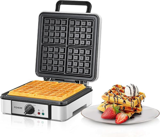 FOHERE Belgian Waffle Maker 4 Slices, 1200W Square Waffle Iron, 5 Browning Levels, Nonstick Plates, Cool-touch Handle, Anti-scald, Anti-overflow, Indicator Lights, Recipe, White (Large)