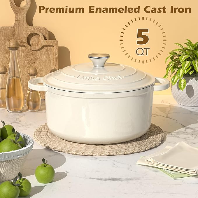 Enameled Cast Iron Dutch Oven - Umite Chef 5QT Pot with Lid & Cotton Potholders - Heavy-Duty Cookware for Bread Baking, Braising, Stews, Roasting(Cream White)