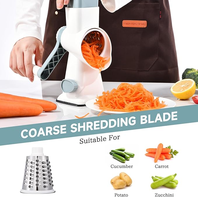 Rotary Cheese Grater with Handle Kitchen Shredder Slicer Grater Slicer Ice Shaver Cheese Vegetable Nuts Potato Zucchini Chocolate 3 Interchangeable Blades (blue)