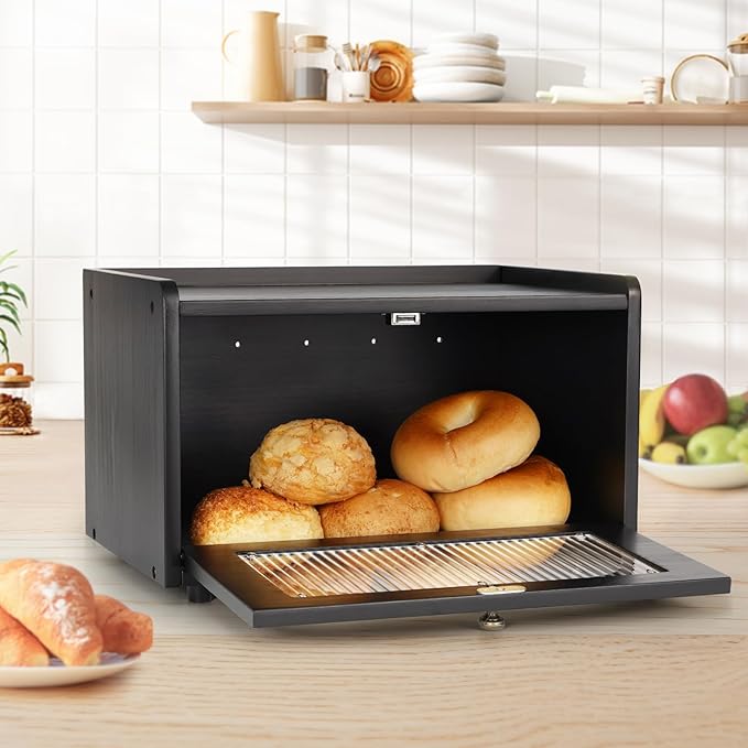 Sunhoo Bread Box for Kitchen Countertop Storage Wooden Breadbox Holder Container Morden Rustic Fresh Bread Keeper Farmhouse Stackable Organizer Bin for Homemade Food Shelf Acrylic Window (Black)
