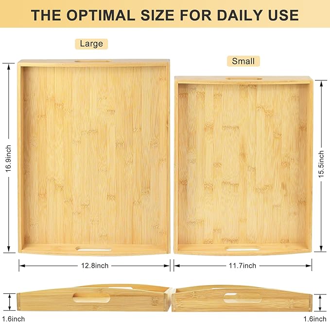 Bamboo Serving Tray Set of 2 Elegant for Coffee, Eating or Decor - Large and Small Rectangle Serving Trays with Handles - Wood Serving Tray Suitable for Home, Kitchen and Outdoor