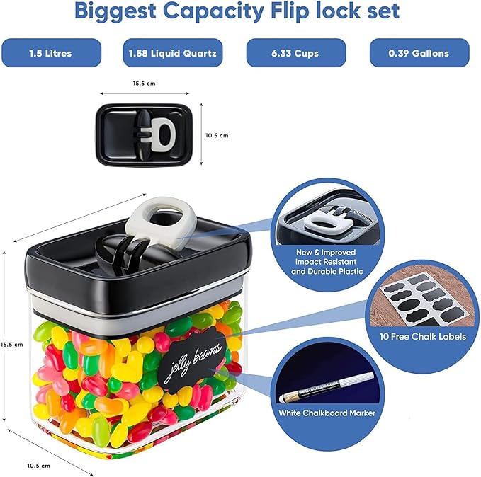 Chef's Path - Airtight Storage Boxes Set - 10 Labels and Markers - Kitchen and Pantry Storage - BPA Free - Plastic Storage Boxes with Upgraded Lids (6 Pieces - 1.5L)