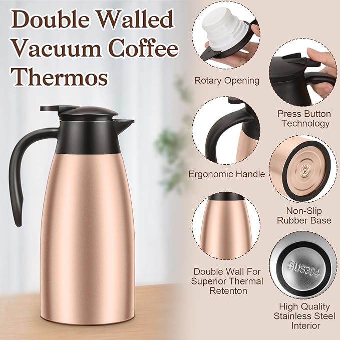 1 PCS 68 OZ Thermal Coffee Carafe, Insulated Stainless Steel Coffee Carafe Double Walled Vacuum Thermal Pot Flask with Brushes Thermos for Keeping Hot Coffee Tea Home and Office (Gold）