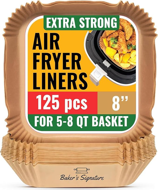 Air Fryer Paper Liners, 125Pcs Air Fryer Disposable Liners, Non-Stick and Oil Proof for Easy Cleanup, 8” Square for 5-8 qt Basket by Baker's Signature