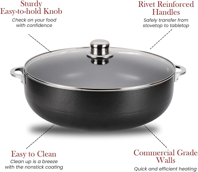 Alpine Cuisine 8-Piece Nonstick Aluminum Caldero Cookware Set with Glass Lids | Durable Pots for Stew & Rice, Easy Clean, 2, 3.5, 7, 13 Quart, Black