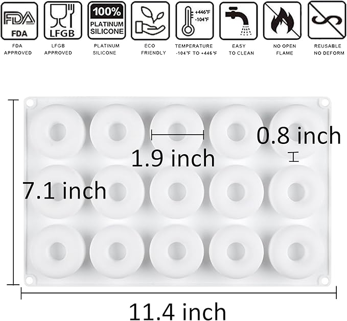 OCPO KITCHEN Doughnut Silicone Molds for Baking Mousse Cake, 3D Silicone Baking Mold for Candy Pastry Chocolate Truffle Cupcake Jelly Cookie Pudding Cake Decoration Mold, Doughnut Shape (15-Cavity)