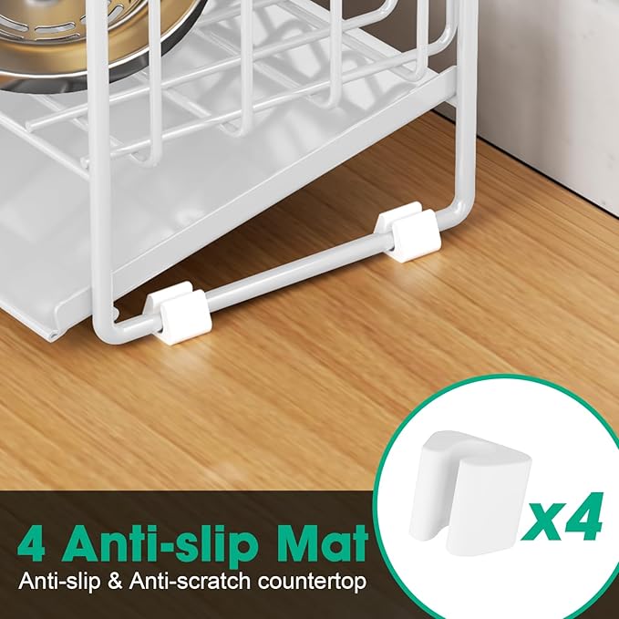 Sponge Holder for Kitchen Sink, 2 Tier Sink Caddy Organizer with High Brush Holder, Self-Draining Sponge Holder for Sinks, Soap Dispenser Organizer, Rustproof 304 Stainless Steel, White