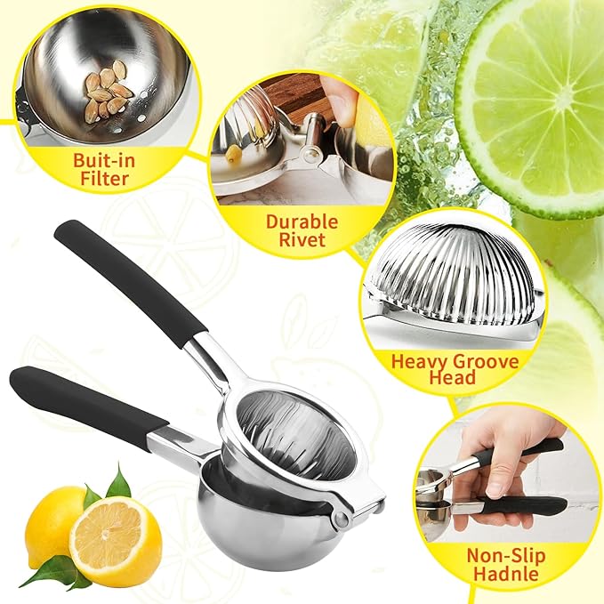 Lemon Squeezer,304 Stainless Steel Citrus Press Juicer,Non-Slip Grip Design Manual Juicer,Heavy Duty Manual Citrus Press Juicer & Lime Squeezer-Silver & BLack