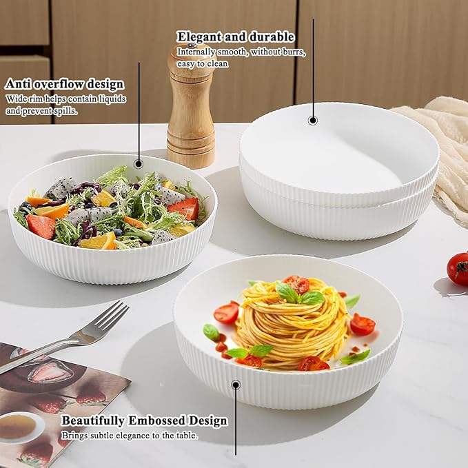 Kyraton Pasta Bowls Set of 4, 37oz Salad Bowls White Soup Bowls Large Pasta Serving Bowl Plastic Unbreakable Serving Dishes Dinner Bowls (White)