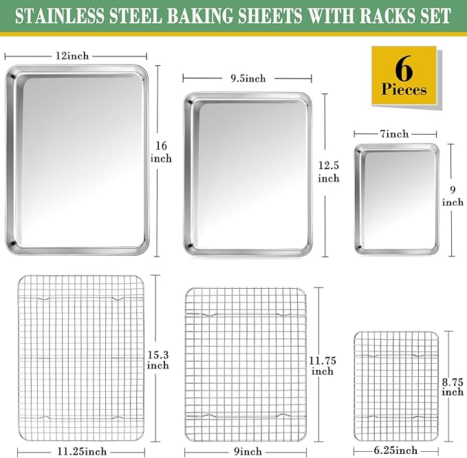 TeamFar Baking Sheet with Rack Set (3 Pans + 3 Racks), Stainless Steel Baking Pan Cookie Sheet with Cooling Rack, Non Toxic & Heavy Duty, Easy Clean & Dishwasher Safe