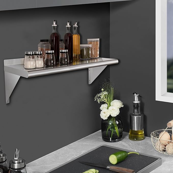 HARDURA Stainless Steel Shelf 12" x 60", 290lb Commercial Shelves Wall Mount Metal Shelving with Backsplash and Brackets for Kitchen, Restaurant, Laundry Room and Home