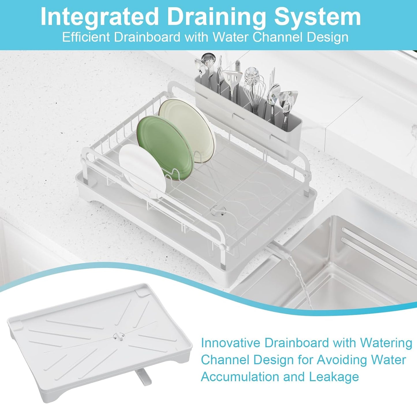 Dish Drying Rack for Kitchen Counter - Large Capacity Dish Drying Rack with Drainboard, Kitchen Sink Dish Rack, Countertop Dish Drainer Rack with Cutlery Holders Dish Dryer Rack White