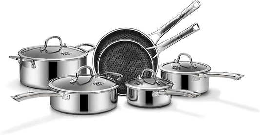 SNOWCLAD Pots and Pans Set Non Stick, 10 Pcs Hybrid Stainless Steel Cookware Sets, Non Stick Frying Pans, Saucepans, Saute Pan & Stock Pot, PFOA Free Kitchen Skillet,Induction Compatible