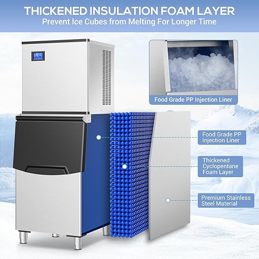 Commercial Ice Maker Machine 150Lbs/24H with 2 Water Inlet Modes, 36Pcs Ice Cubes in 8-15 Mins, Stainless Steel Under Counter/Freestanding Ice Machine with 25Lbs Storage Bin for Home/Shop/Office/Bar