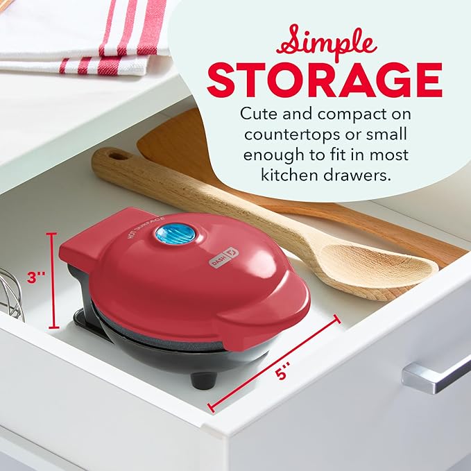 DASH Mini Waffle Maker - 4” Waffle Mold, Nonstick Waffle Iron with Quick Heat-Up, Nonstick Surface - Perfect Mini Waffle Maker for Kids and Families, Just Add Batter (Red)