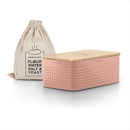 LARS NYSØM Bread Box I Metal Box with linen bag for long lasting freshness I Bread Bin with bamboo lid usable as cutting board I 13.4x7.3x5.3In (Blush Rose)
