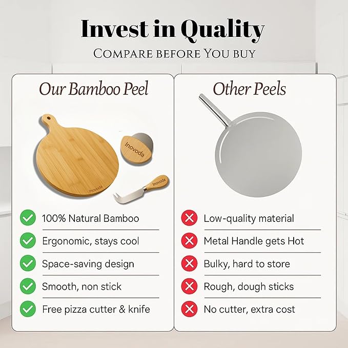 Wood Pizza Cutting Board with Cheese Knife & Pizza Cutter -12” Pizza Board with Handle -Pizza Peel Chopping Board, Decorative Serving Board for Pizza & Charcuterie