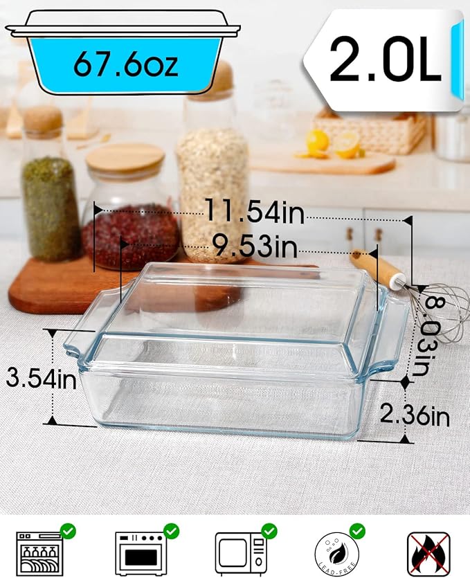 NUTRIUPS 8 x 9.5 Inches Rectangular Glass Casserole Dish With Glass Lid 2 Quart Glass Bakeware Glass Microwave Casserole Dish Glass Baking Dish with Lid
