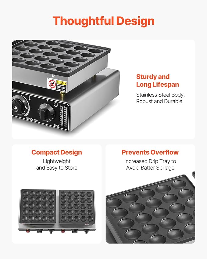 VEVOR 50PCS Mini Dutch Pancake Maker, Non-stick Stainless Steel Dorayaki Baker, 1800W Commercial Electric Poffertjes Grill Pan, Dual Temp & Time Control, for Kitchen Restaurant Breakfast Dessert