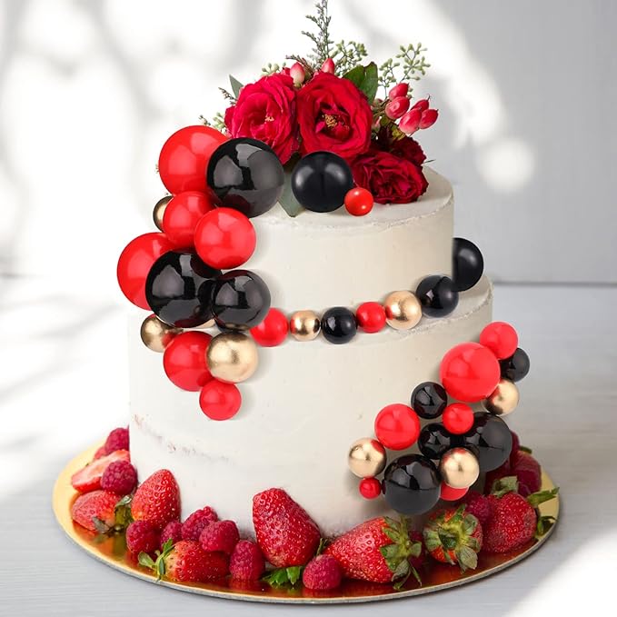 108 Pcs Balls Cake Topper DIY Cupcake Insert Foam Balloons for Cake Baking Wedding Anniversary Birthday Decoration(Red, Black, Gold,Multi Sizes)