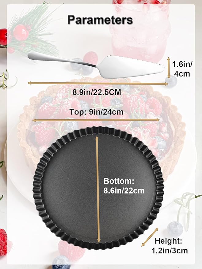 9 Inch Quiche Tart Pans with Pie Cake Server. Removable Bottom, Non-Stick Coating, Rugged Carbon Steel for Tart Quiche Baking. Gift for Women Wife Christmas Thanksgiving Party Festival Family