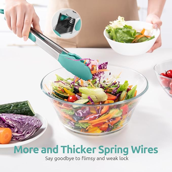 600ºF Heat Resistant Kitchen Tongs: U-Taste 9+12 inch Silicone Cooking Tong Set with Firm Sealed Non Stick Rubber Tips and Silicon Coated 18/8 Stainless Steel Handle for Serving Grilling (Aqua Sky)