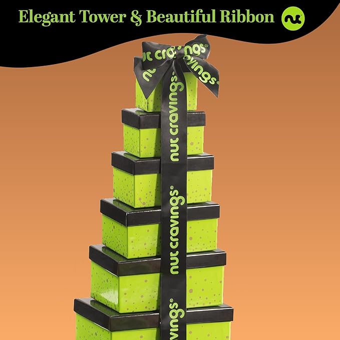 NUT CRAVINGS - Dried Fruit & Mixed Nuts Gift Basket Green Tower + Ribbon (12 Assortments) Food Arrangement, Healthy Snack Care Package, Food Assortments