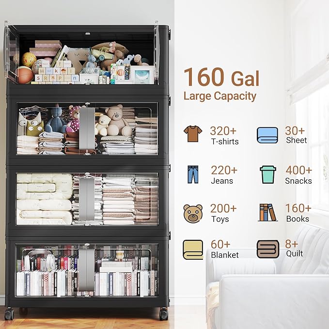 640QT Stackable Storage Bins with Lids, 160Gal Extra Large Collapsible Storage Box with Wheel, Plastic Storages with Clear Door Open Front for Home Bedroom Garage, Black-4pack