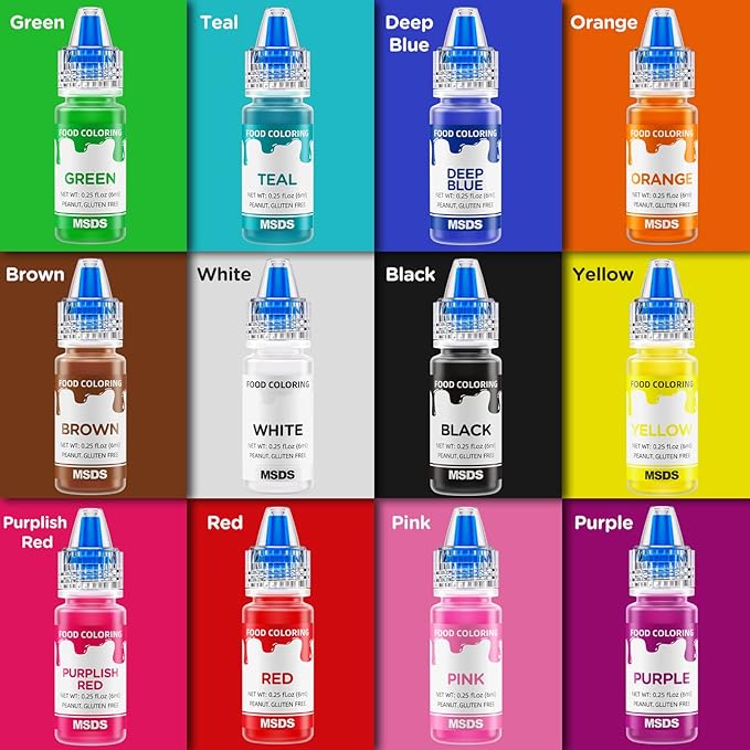 12 Color Food Coloring Set - Vibrant Liquid Food Colors Frosting Dye Tasteless for Baking, Cake Decorating, Easter Egg, Royal Icing, Fondant, Macaron - 0.25 Fl. Oz Bottles