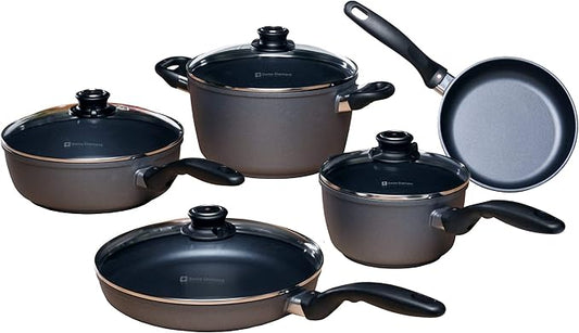 Swiss Diamond Pots and Pans Set Non Stick, Nonstick Cookware Set, Diamond Enforced Aluminum Non Stick Pots and Pan Set with Stainless Steel Handles, Dishwasher and Oven Safe, 9 Pieces, Grey