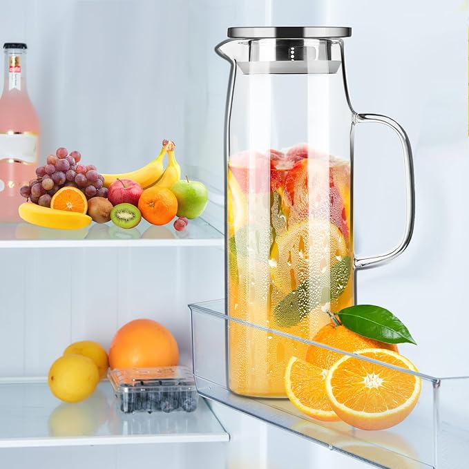 PARACITY Glass Pitcher with Lid and Spout 50oz/ 1.5L, Hot/Cold Water Pitcher, Iced Tea Pitcher for the Shelf of Fridge, Easy to Clean, High Borosilicate Glass Pitcher for Lemonde, Juice and Milk