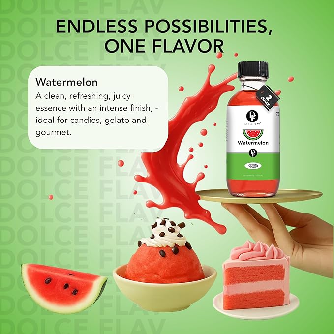 Dolce Flav Watermelon Extract 8 oz – Kosher, Sugar-Free, Concentrated Juicy Watermelon Flavoring for Baking, Chocolates & Desserts, Includes Measured Dropper