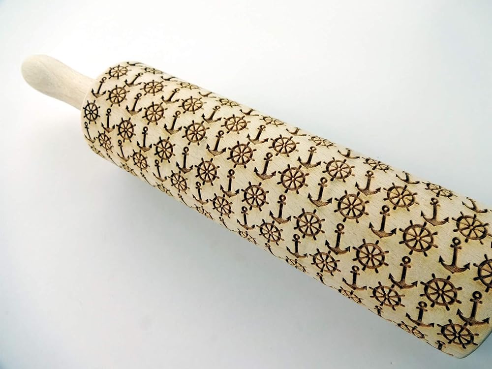 EMBOSSING ROLLING PIN MARINE LASER ENGRAVED WOODEN DOUGH ROLLER GIFT FOR FRIEND SAILOR