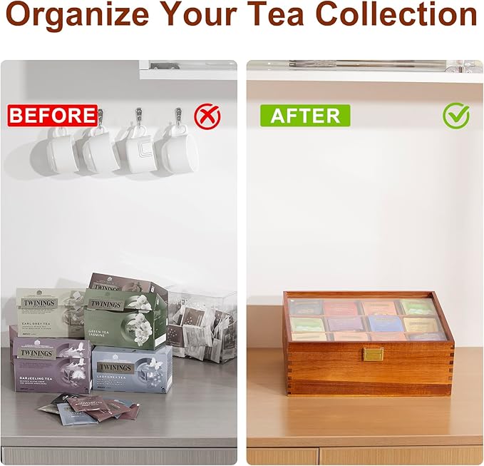 Tea Bag Organizer, Acacia Wood Tea Organizer Box, 12 Compartments Tea Organizer for Tea Bags with Clear Glass Window, Tea Bag Holder for Countertop Kitchen Cabinet Pantry - Keeps Tea Bags Fresh