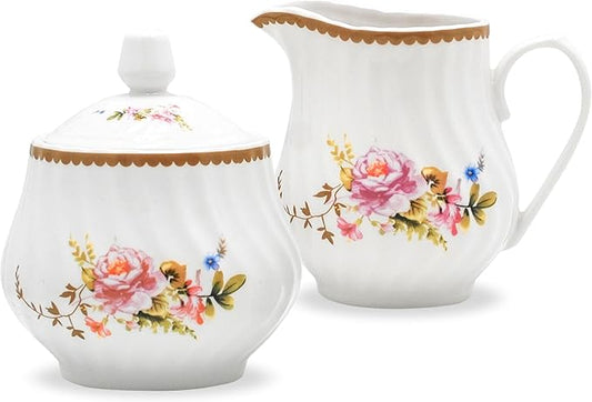 Sugar and Creamer Set - Porcelain Sugar and Creamer Floral Vintage Tea Set with Elegant Embossed Swirls - Exquisite Fine China Tea Set for Parties & Celebrations - Timeless Rose Set by Lynns