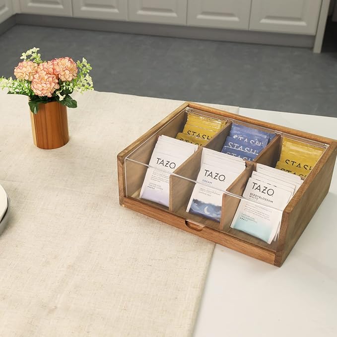 Tea Bag Organizer 6 Compartments by HTB|  Gift Box Acacia Wood Tea Organizer for Tea Bags with Acrylic Transparent Hinged Lid