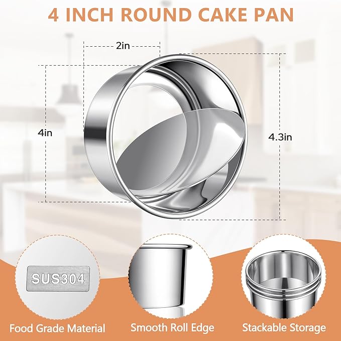 4 Inch Cake Pan Set of 4, Removable Bottom & Easy Releasing Mini Cake Pan, 304 Stainless Steel Round Cake Pan, Leakproof & Nonstick Small Cake Baking Pans, Non-Toxic & Healthy