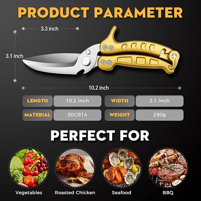 DRAGON RIOT Heavy Duty Poultry Shears - A Must Have Kitchen Shears for Chicken and Meat Cutting - Dishwasher Safe and Stainless Food Kitchen Scissors for Thanksgiving(Golden)