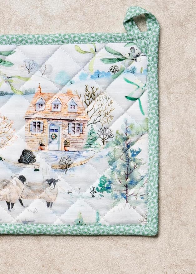 Maison d' Hermine Pot Holders Set 100% Cotton Heat Resistant Potholders 8" x 8" Hot Pads with Loop BBQ, Cooking, Baking, Grilling, Kitchen, Handling Hot Pans (Pack of 2, Snowy World)