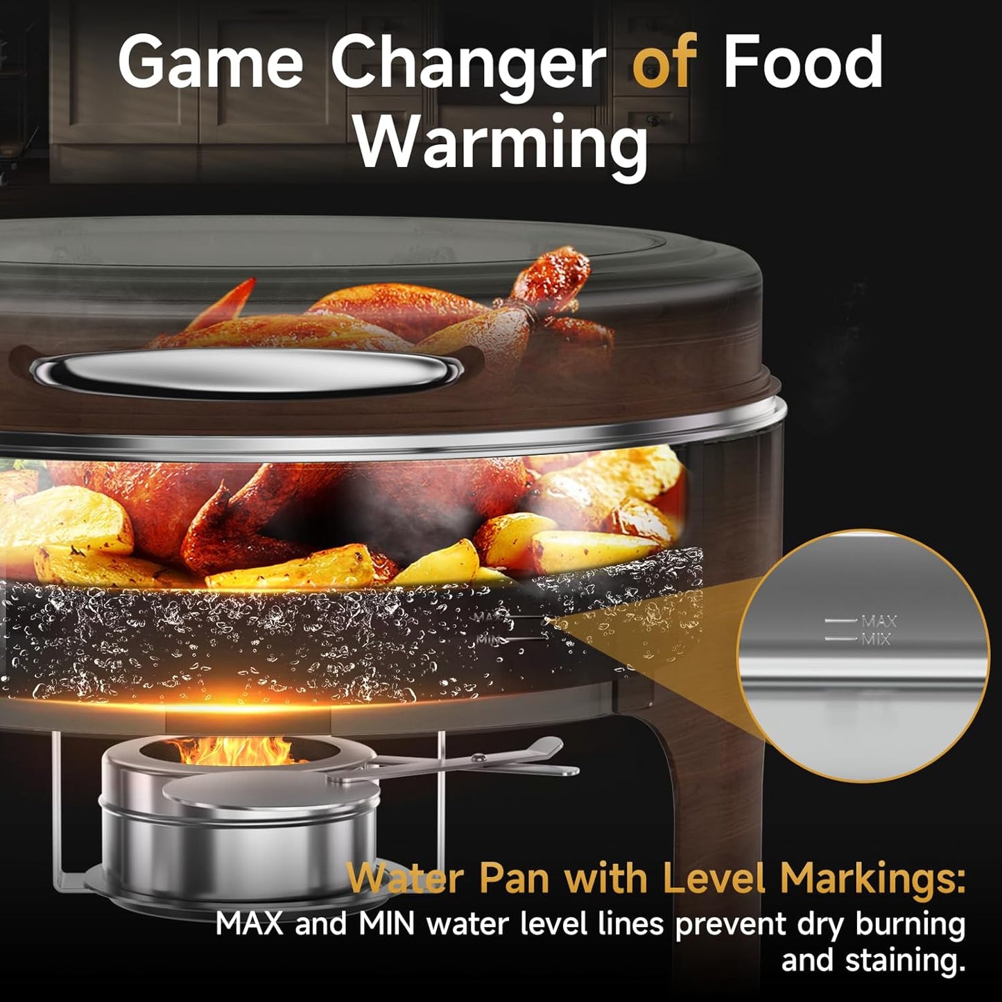 Chafing Dishes for Buffet, 6QT Round Stainless Steel Chafing Dish with Transparent Hydraulic Lid, 304 Food Pan, Buffet Warmer for Parties and Events (Wood Color)
