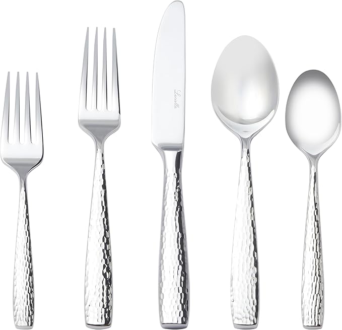 Luciella Ponza Flatware Set for 12, 65-Piece Stainless Steel Silverware Set with Serving Utensils, Timeless Hammered Design, Rust-Resistant, Mirror Polished & Dishwasher Safe