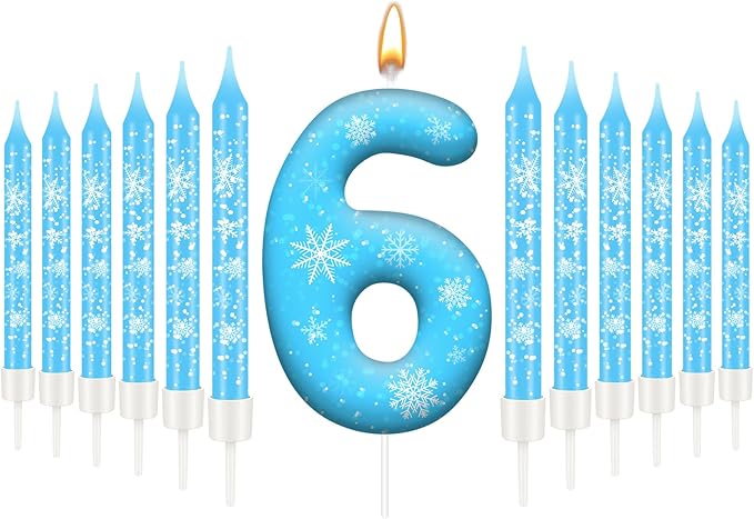 13PCS White and Blue Frozen Themed Party Birthday Candles Set - Blue Number Candles Snowflake Themed Decorations, Girls Party Supplies(Number 6)