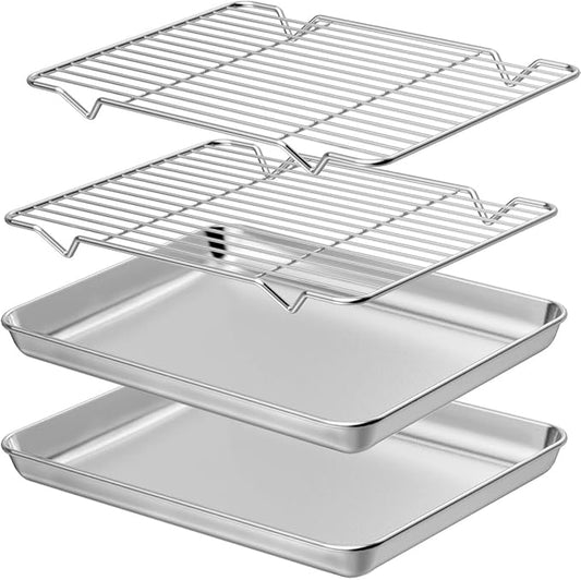 Wildone Baking Sheet with Rack Set [2 Sheets + 2 Racks], Stainless Steel Cookie Pan baking Tray with Cooling Rack, Size 10 x 8 x 1 Inch, Non Toxic & Heavy Duty & Easy Clean