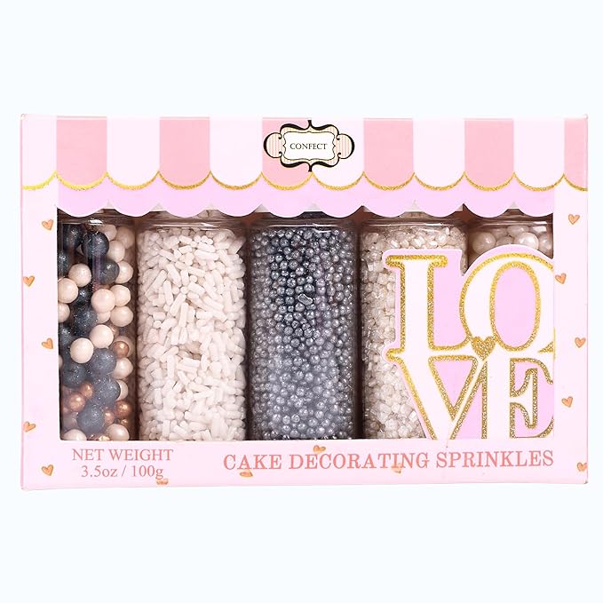 Confect White Sprinkles | Sprinkles for Cakes & Cupcakes Decoration | Assorted pack of 5 | Mix Black, Bronze & White Dragees Pearl , Jimmies & Sparkling Sugar | Vegan, Gluten-Free, Nut-Free, Soy-Free, Dairy-Free, Palm Oil-Free- 5 Oz