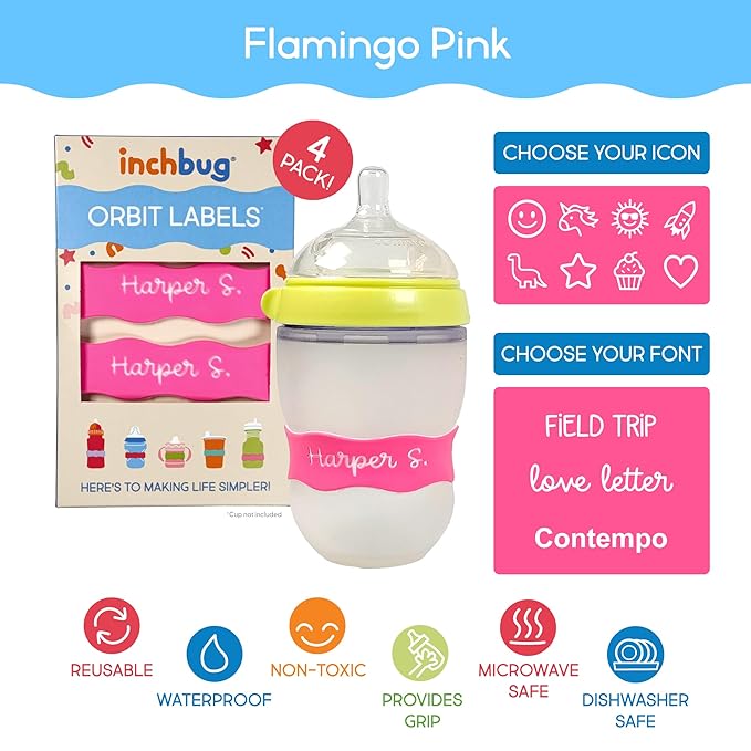 InchBug Orbit Labels - Baby Bottle Name Labels for Daycare, Sippy Cup Bands - Engraved Silicone, Reusable, Dishwasher Safe, White Contrasting Personalization, 4-Pack (Flamingo Pink)