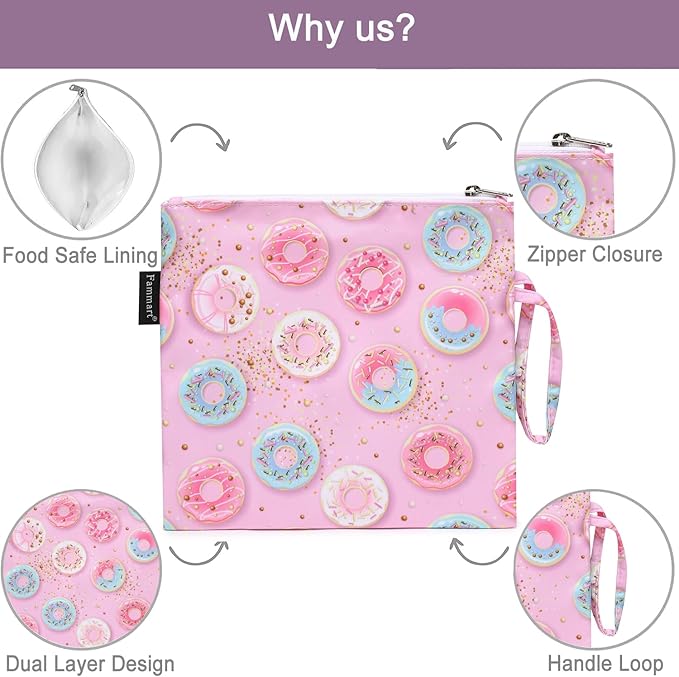 Reusable Sandwich Bag/Snack Bag for Kids & Adults, Dual Layer Lunch Bag with Handle, Washable, Food Safe, BPA Free (1-Pack, Colorful Donut)