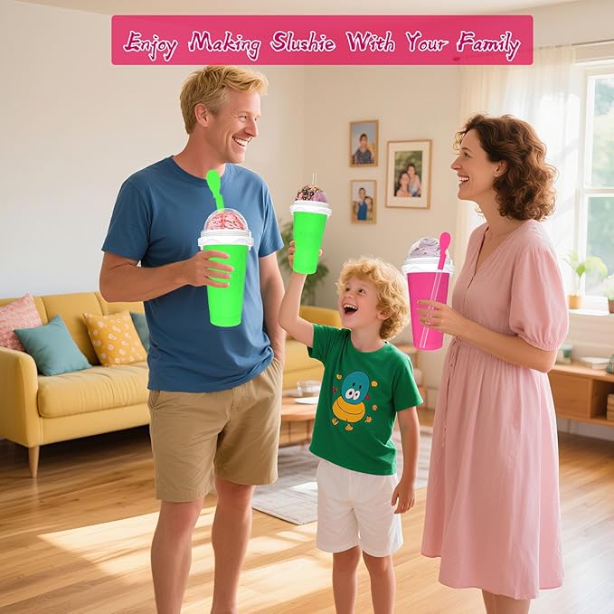 2PCS Slushie Maker Cup, Quick Frozen Magic Cups for Homemade Milk Shake Ice Cream Maker, Double Layer Squeeze Slushy Maker Cup, Birthday Gifts for Kids,Friends,Family (Pink+Green, 350ML)