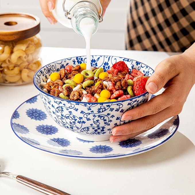 Ceramic Soup Bowls Set - 24 Oz Deep Cereal Bowl for Kitchen - 6 Inch Large Porcelain Dinner Bowl Eating Salad Pasta Dessert Oatmeal - Microwave Dishwasher Safe - Set of 6 - Vintage Blue